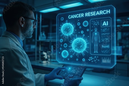 Bioinformatics advances genomics for personalized medicine solutions. Scientist analyzing cancer research data using AI technology in a futuristic lab setting.