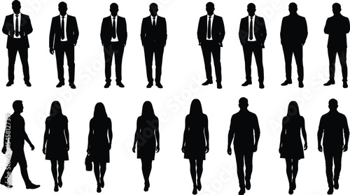 Business and casual people silhouettes collection, men and women standing and walking, black vector figures on white background, isolated