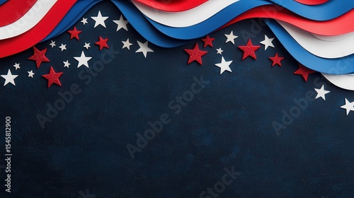 Red, white, and blue patriotic ribbons and stars decorate a dark textured background, symbolizing American pride and celebration.