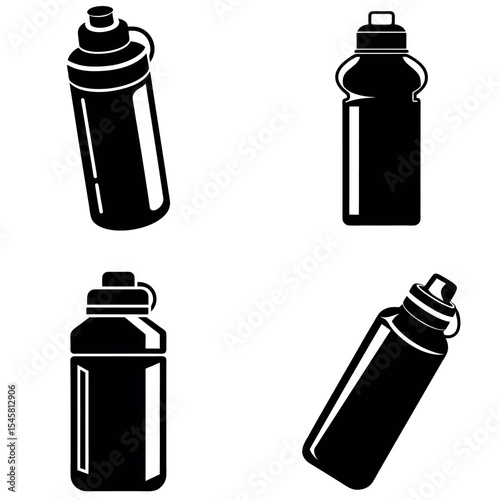 Black and White Depicting Four Different Water Bottle Designs on White Background