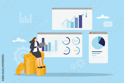 Technology and data analysis concept for saving money, financial retirement planning, growth business, high return investment, profits increase, money management flat vector illustration.
