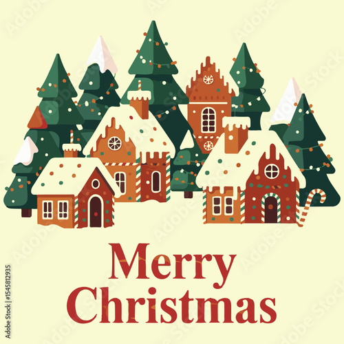 Merry Christmas Gingerbread Village with Decorated Trees and Snow

