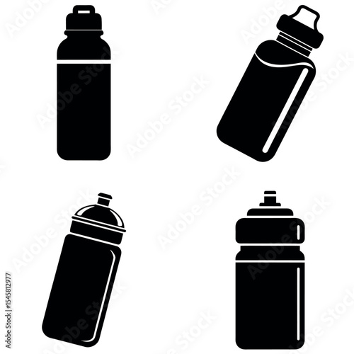 Four Black and White Sports Water Bottle Silhouettes on a White Background
