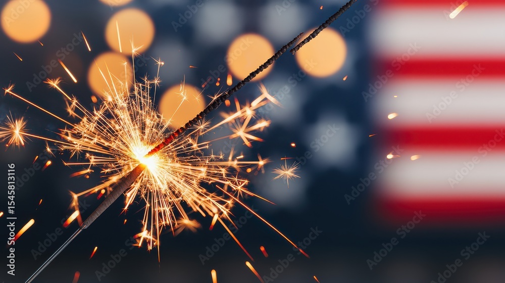 Fototapeta premium A lit sparkler shines brightly with sparks flying against a blurred American flag background, symbolizing celebration and patriotism.