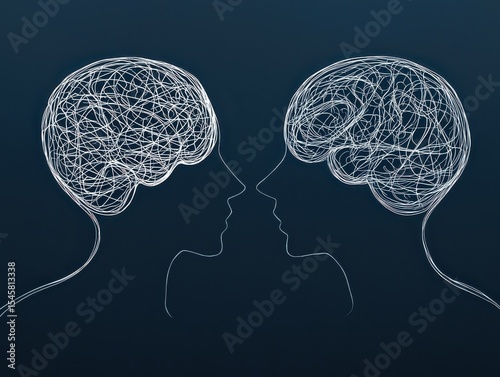 Two human profiles facing each other with brains depicted as tangled white lines, symbolizing complex thoughts or communication.