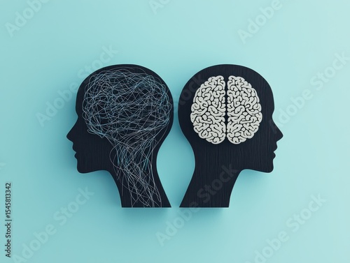 Two black silhouette heads facing opposite directions, one with a tangled wire brain and the other with a neatly outlined brain, symbolizing mental clarity and confusion.