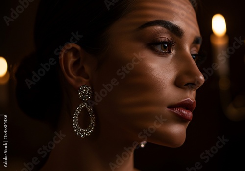 Elegant woman in profile with diamond earrings and dramatic lighting
