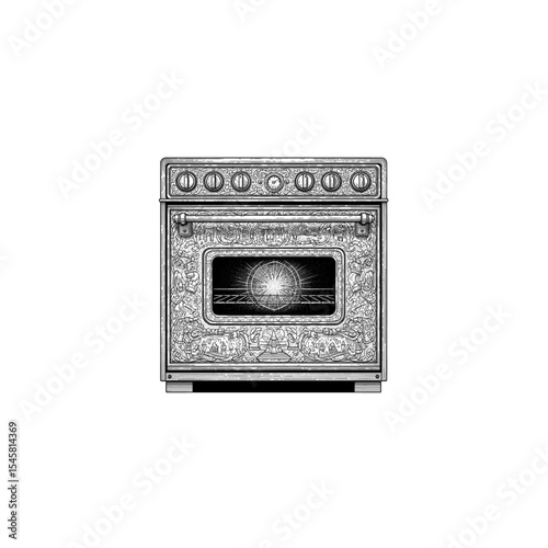 Oven Engraving Illustration, drawn in an engraved, woodcut style with fine details sketch engraving vector illustration. Scratchboard imitation. Black and white image. flat vector design