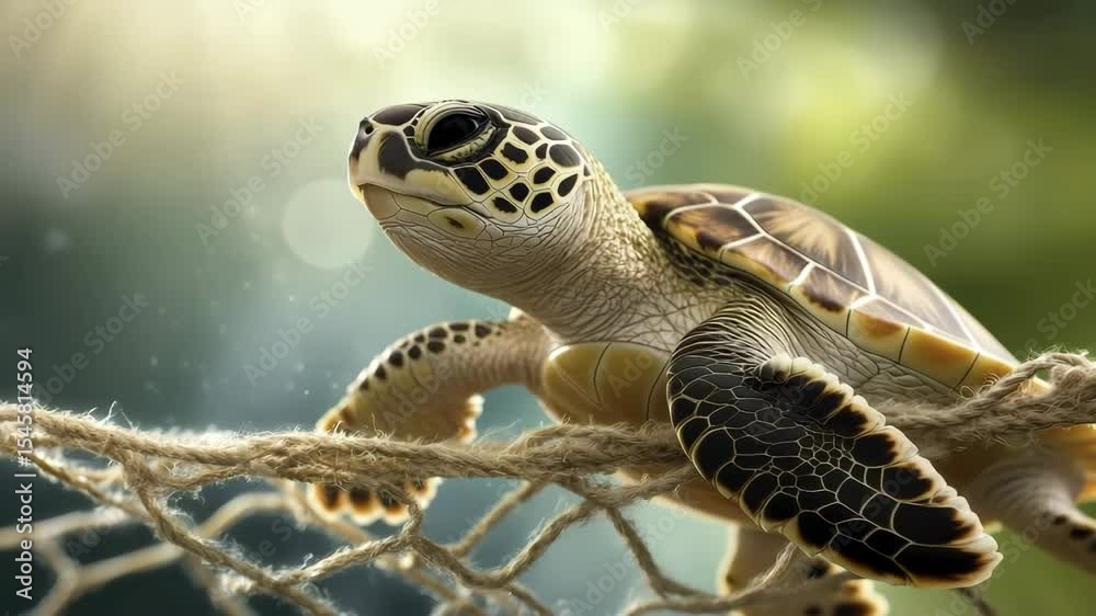 Sea turtle resting fishing net with detailed shell and scales, peaceful wildlife rescue and nature conservation scene, reptile animal closeup sunlight with green background, highlighting importance