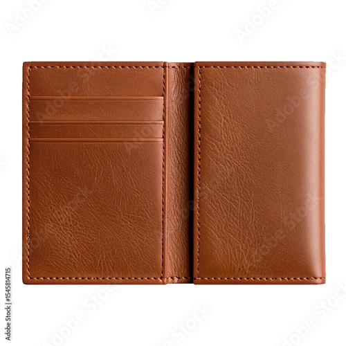High-quality open brown leather wallet with card slots, isolated on transparent background photo