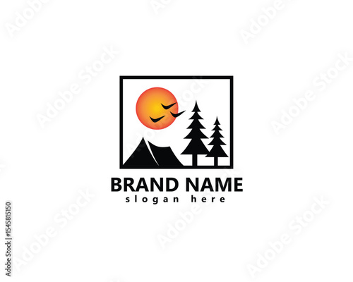 adventure, camping logo, tent with two pine trees beside it and the sun above it in a frame, inspiring logo design