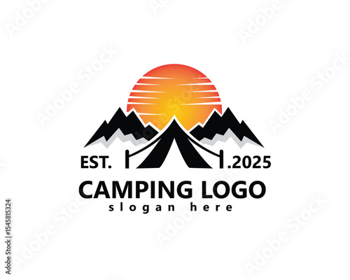 adventure, camping logo, two high mountains with tents and the sun in the middle of them logo design inspiration