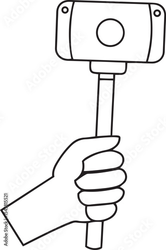 Vector icon design of hand holding a camera on a selfie stick, hand holding a camera on a selfie stick silhouette and line art premium quality vector design