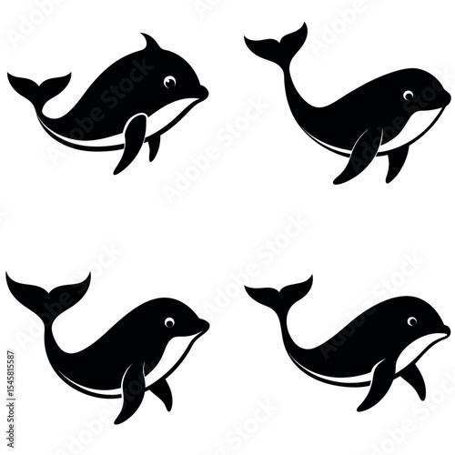 Four Black and White Stylized Cartoon Dolphins Swimming in Different Poses on a White Background