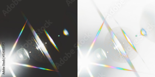 Vibrant rainbow-colored light streaks with bright lens flares, abstract ethereal effect on transparent background