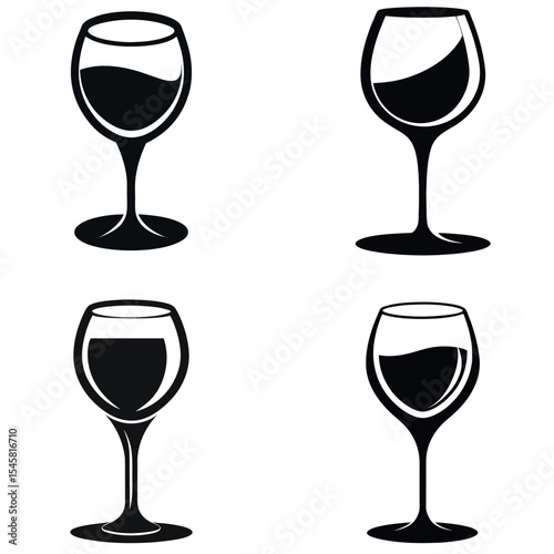Illustration of Four Black and White Wine Glasses with Liquid Filling