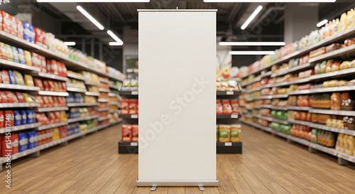 Retail store aisle with a tall, blank banner, designed for showcasing promotional material.
