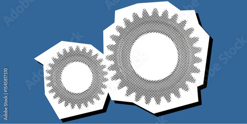 Gear cog dotted collage element in a torn paper vector, created with pointillism. An artistic, symbolic representation for industry, mechanics, innovation, or complex systems.