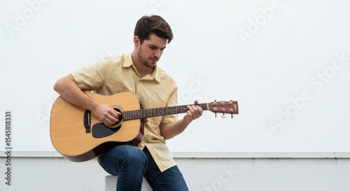 Young Man Playing Acoustic Guitar Against White Wall
