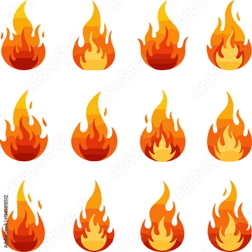 Twelve vibrant flame icons ideal for app design websites and presentations offering diverse fiery designs
