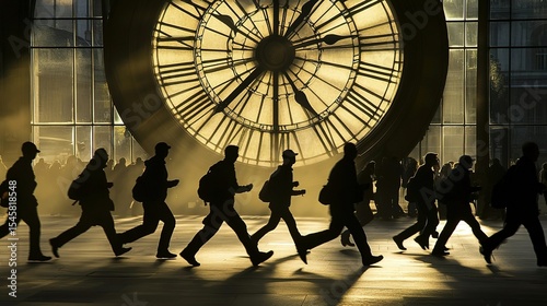 Silhouette of people rushing past a large clock photo