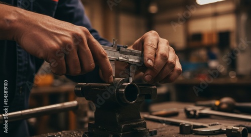 Craftsman's Hands Measuring Precision Metal Part in Workshop