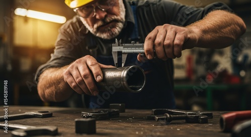 Skilled Craftsman Measuring Metal Pipe with Caliper in Workshop