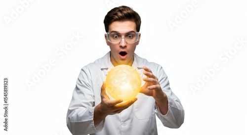 Astonished Scientist Holding Glowing Orb, Science Discovery Concept