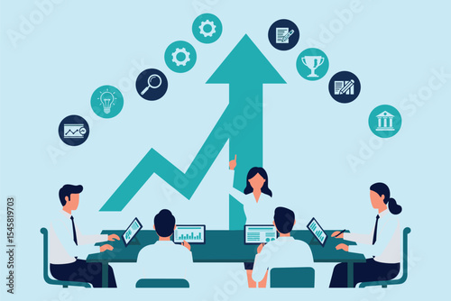 Business Growth Strategy: Team Collaboration, Innovation, and Strategic Planning for Success flat vector illustration