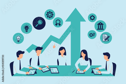 Business Growth Strategy: Team Collaboration, Innovation, and Strategic Planning for Success flat vector illustration