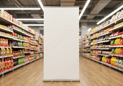 Empty roll-up banner in a grocery store setting, perfect for marketing and branding presentations.