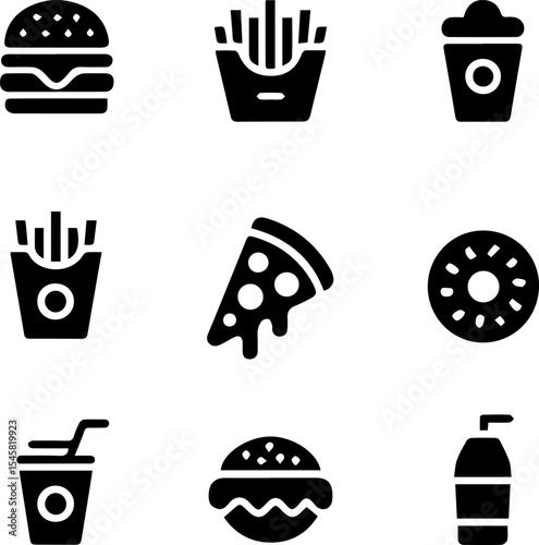 Modern Fast Food Icon Set – Burger, Fries, Pizza & Drinks