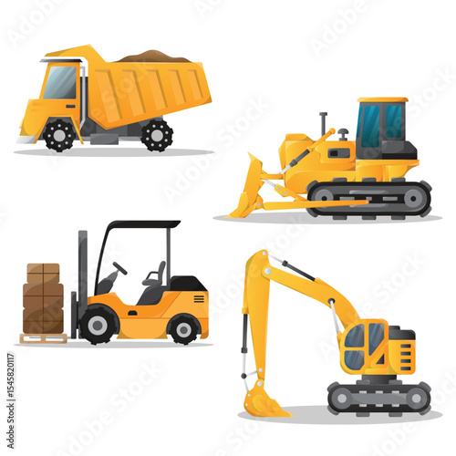 Yellow construction equipment vehicles set. A collection of Special heavy machines for building work. Illustration of Forklifts, excavators, bulldozers, and dump trucks.