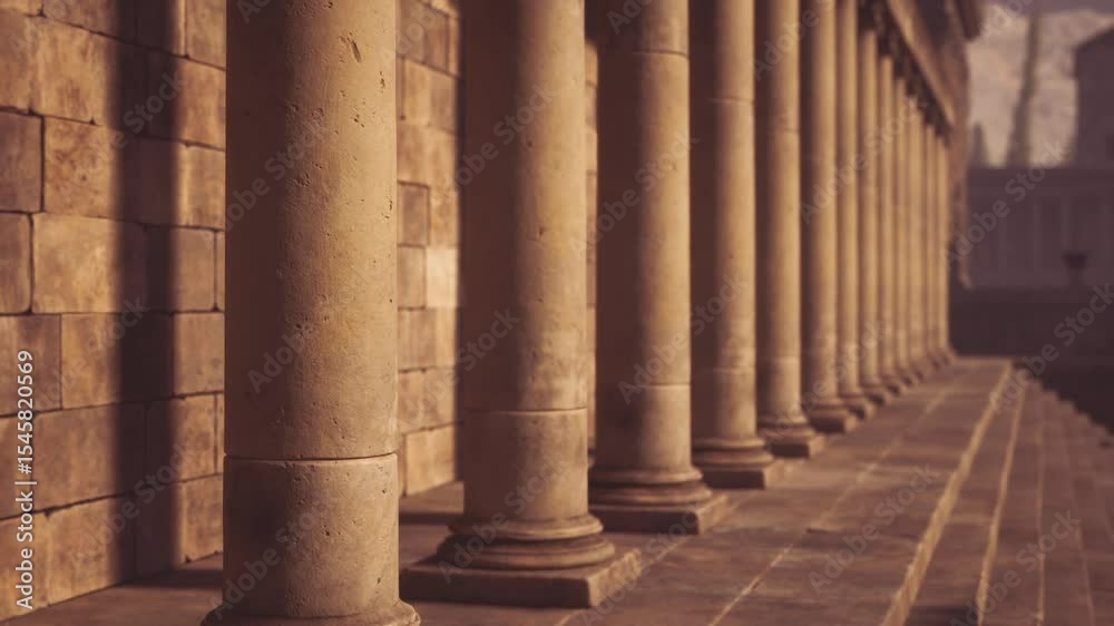 Several ancient stone columns create a rhythmic pattern along a buildings edge, illuminated by warm sunlight, highlighting their historical design and texture in a serene setting. Several ancient stone columns create a rhythmic pattern along a buildings edge, illuminated by warm sunlight, highlighting their historical design and texture in a serene setting.