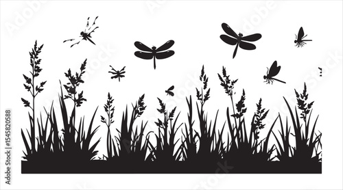 A black silhouette depicting swamp grass accompanied by flying insects, including dragonflies. This is a vector illustration showcasing black bushes of lake reeds set against a white background.