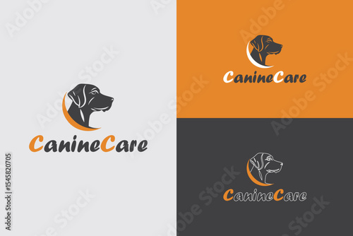 Logo design for a canine care brand, showcasing a dog silhouette in vibrant orange and gray color combinations. Ideal for pet-related businesses, reflecting professionalism, trust, and animal care.