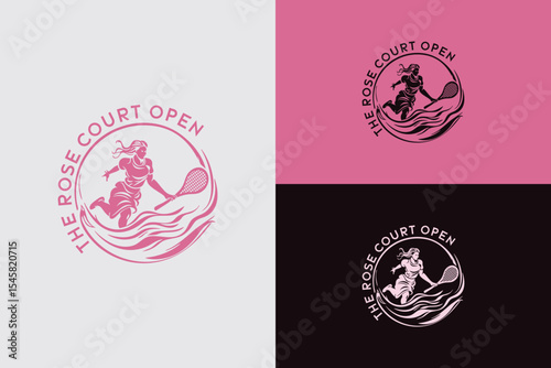 An intricate logo design showcasing a tennis player with artistic, flowing details, emphasizing elegance and femininity, useful for events, branding, or promotional materials in sports and wellness in