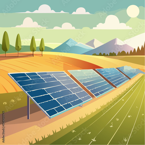 vector Solar farm amidst agricultural fields