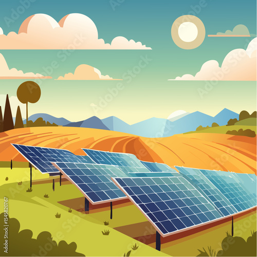 vector Solar farm amidst agricultural fields