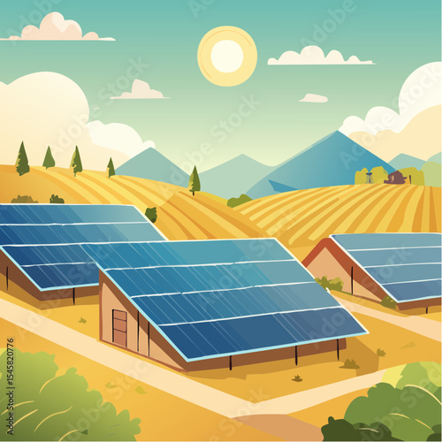 vector Solar farm amidst agricultural fields