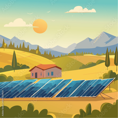 vector Solar farm amidst agricultural fields