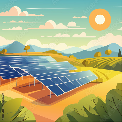 vector Solar farm amidst agricultural fields
