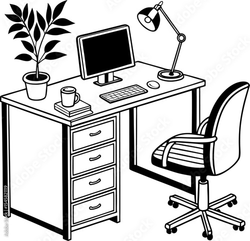 Office furniture set with desk chair computer and workspace elements in a modern interior vector illustration; desk  silhouette vector