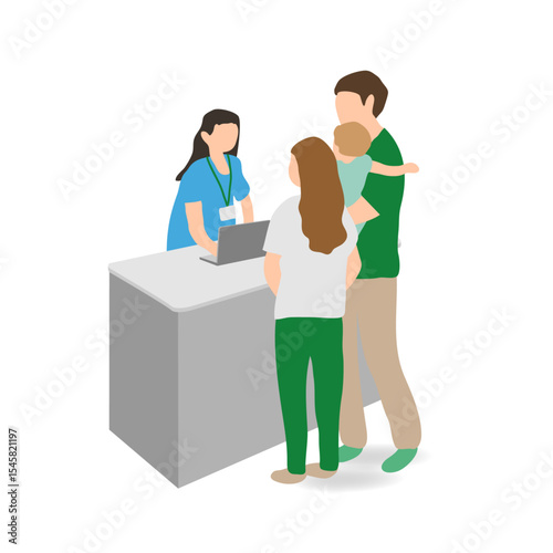 Parents with child consulting at public service counter – vector illustration