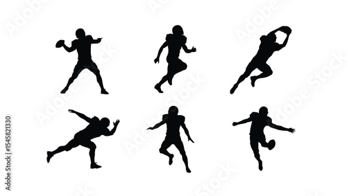 American Football Player Silhouettes Action Poses, Graphic Design Elements, Vector Illustrations
