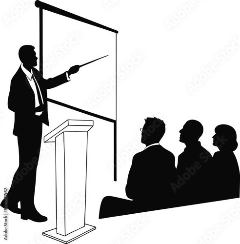 Business people meeting with businessman and woman silhouettes in office vector illustration; Business meeting silhouettes; 