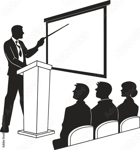 Business people standing with blank presentation board in office setting; Business presentation in progress silhouette black and white