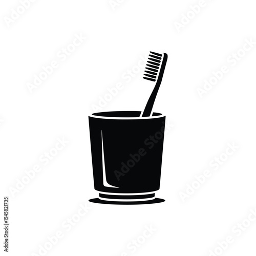 Black Silhouette Toothbrush Standing Tall Inside Glass, Isolated on a White Background