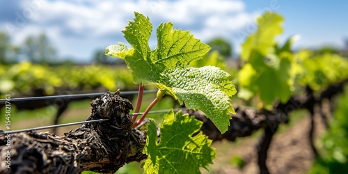 macro shot of grapevine tendrils curling around a support wire, blurred background revealing soft shapes of vineyard rows extending to horizon, fresh leaves with visible veins, dewy freshness