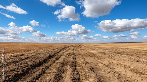 expansive potato farm with furrowed ridges, low sunlight catching the textured soil, sparse clouds casting moving shadows, slight slope adds depth to horizon